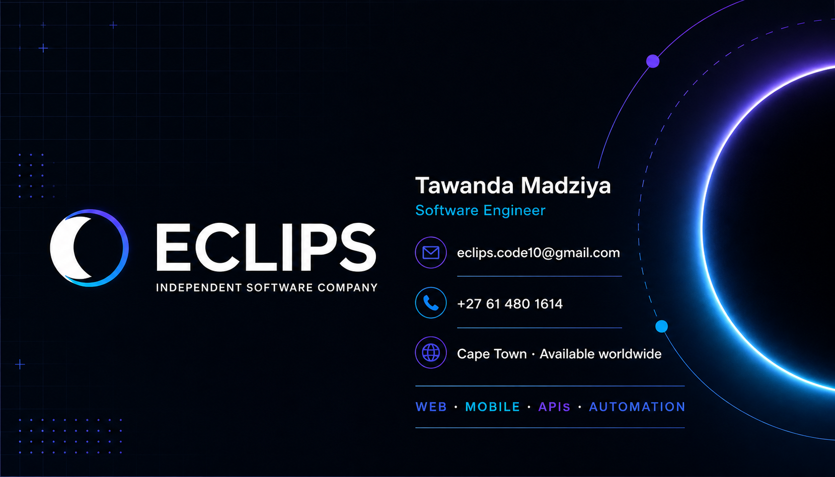 Eclips digital business card for Tawanda Madziya, Software Engineer