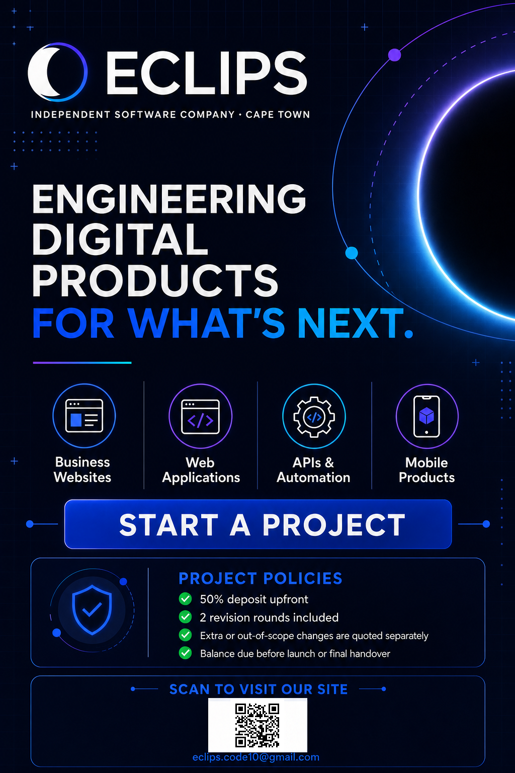 Eclips software services and project policies poster with the contact email eclips.code10@gmail.com and a QR code linking to the Eclips website